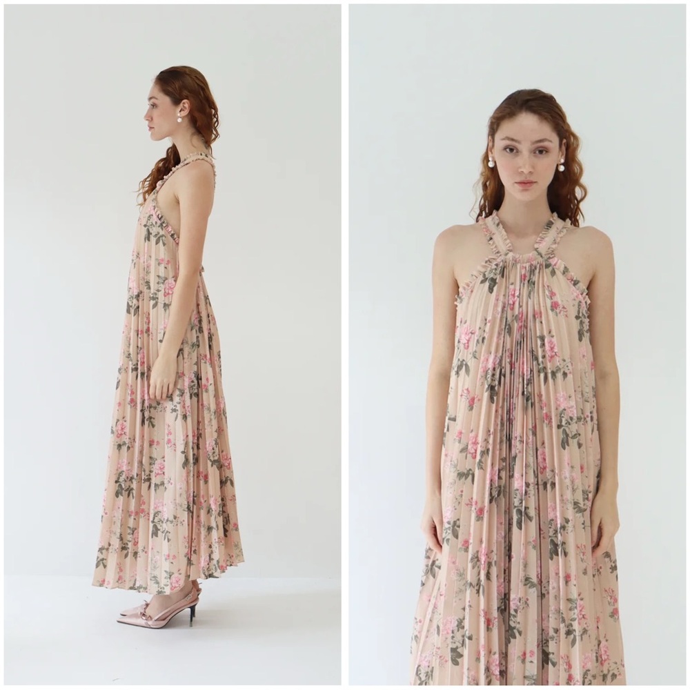 Maison Amory The Daisy Dress in Pink Daffodils & Lilies Floral Pink Maxi Dress